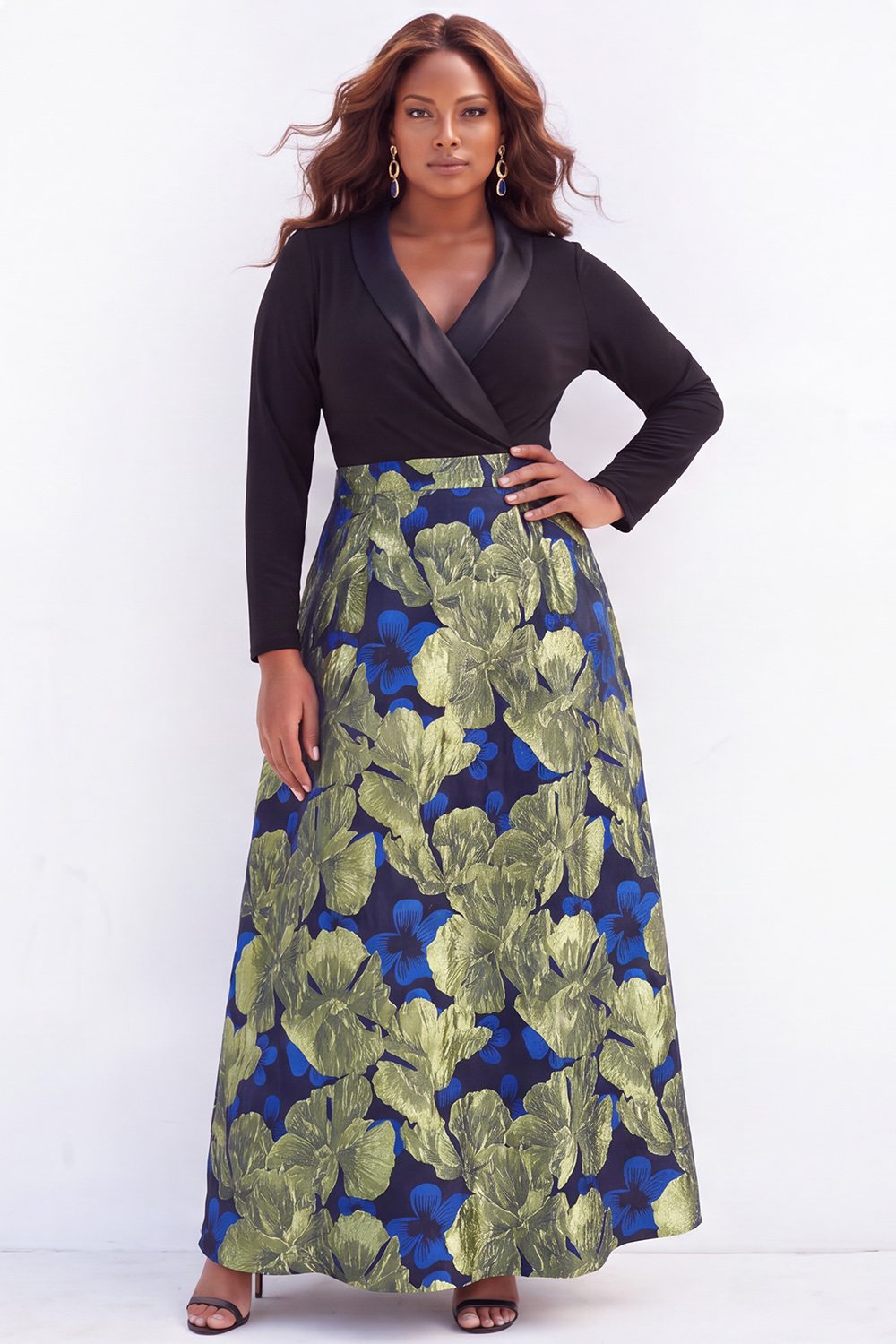 Gold Plus Size A Line Jacquard Long Sleeve Mother of the Bride Dress