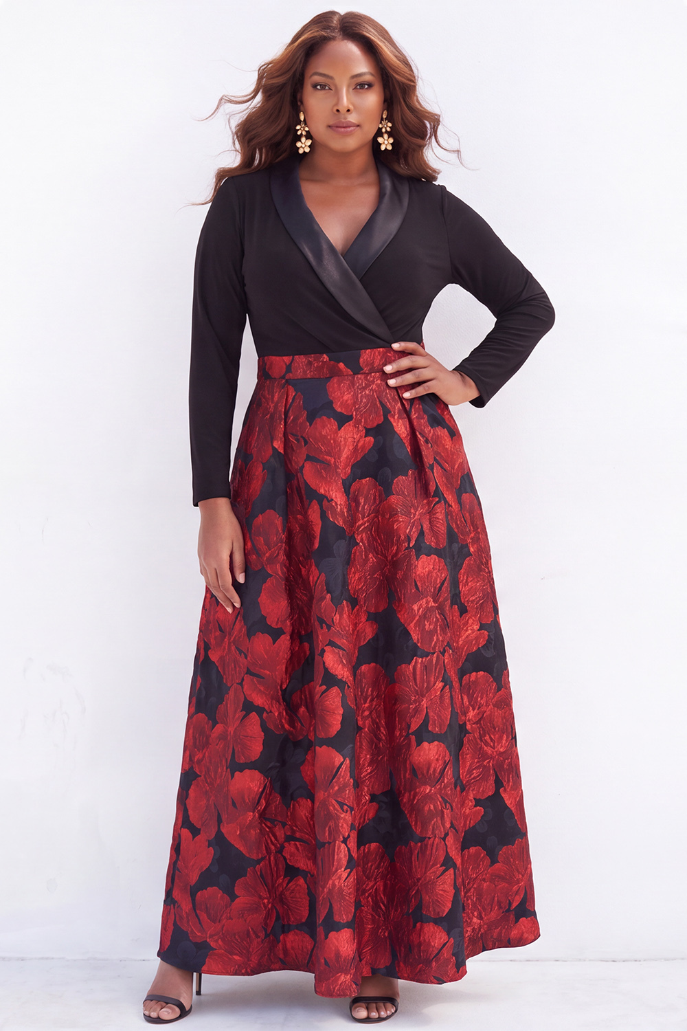 Gold Plus Size A Line Jacquard Long Sleeve Mother of the Bride Dress