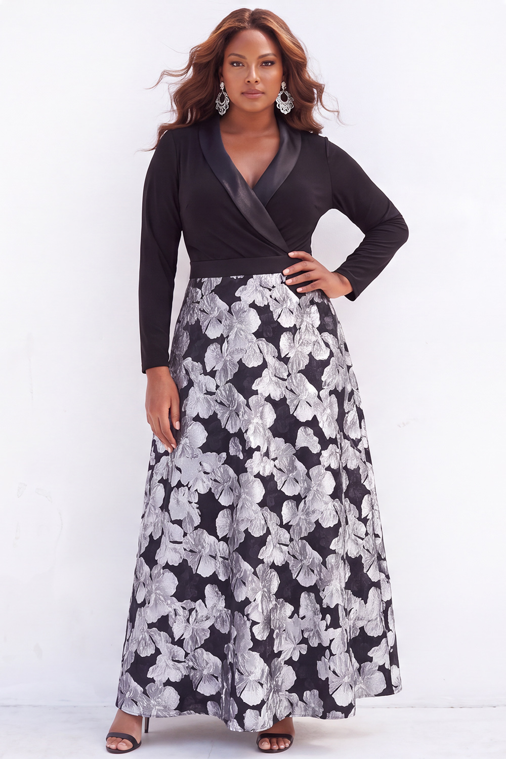 Gold Plus Size A Line Jacquard Long Sleeve Mother of the Bride Dress