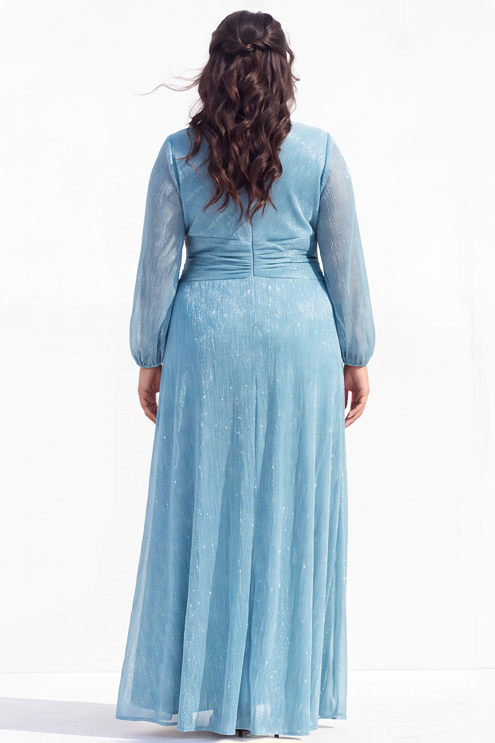 Plus Size Grey A Line V Neck Long Sleeve Mother of the Bride Dress with Slit