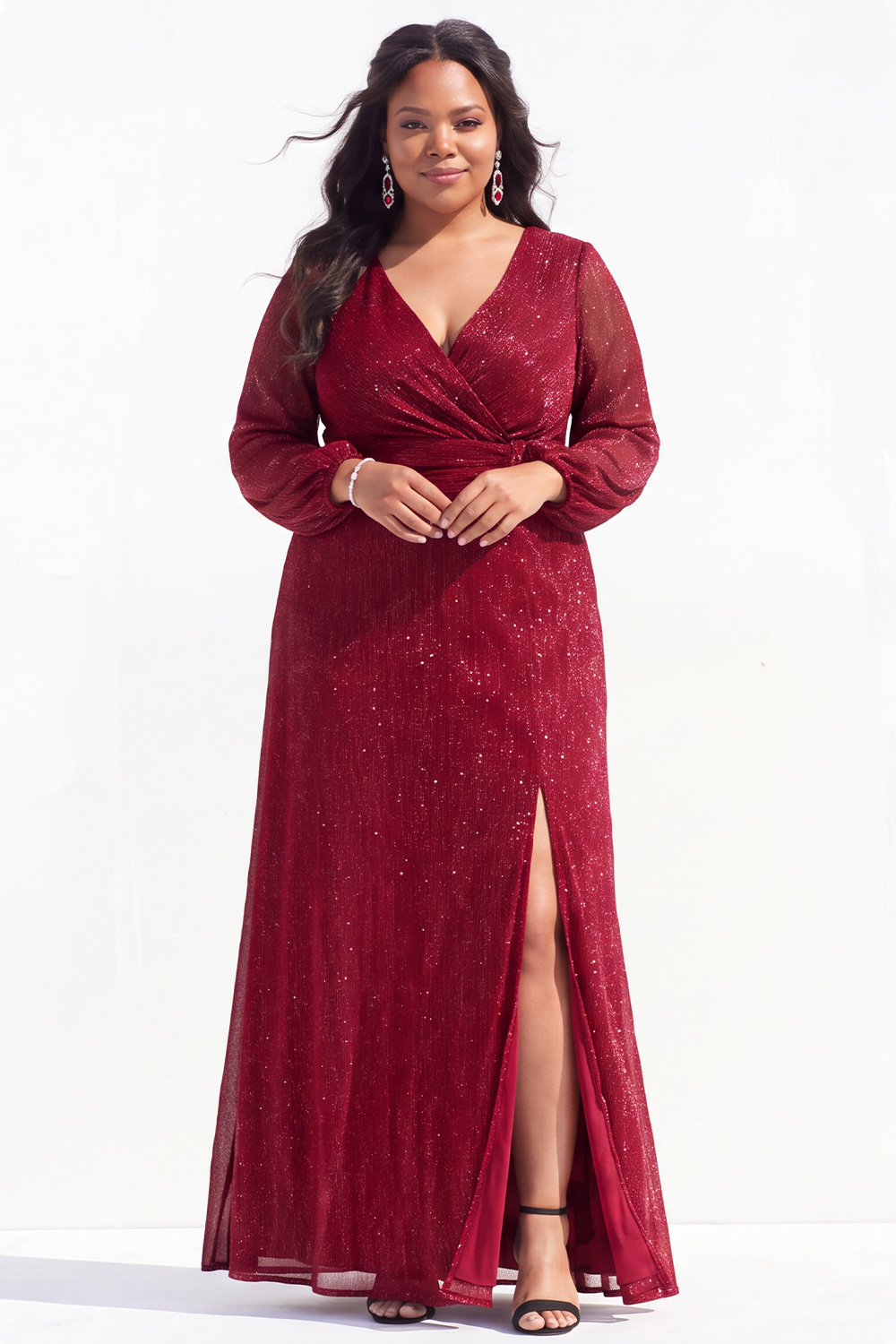 Plus Size Grey A Line V Neck Long Sleeve Mother of the Bride Dress with Slit