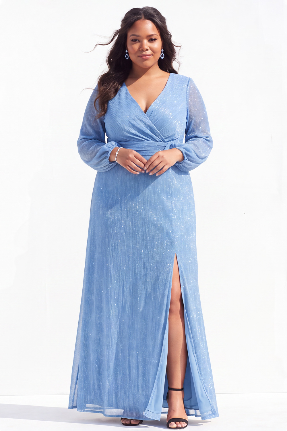 Dressself Women Blue Long Mother of the Bride Dress Plus Size A-Line V-Neck Long Sleeves Ruched Wedding Guest Dress with Slit