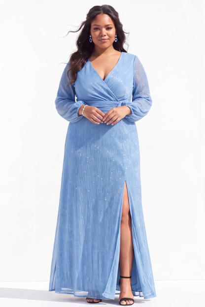 Dressself Women Blue Long Mother of the Bride Dress Plus Size A-Line V-Neck Long Sleeves Ruched Wedding Guest Dress with Slit