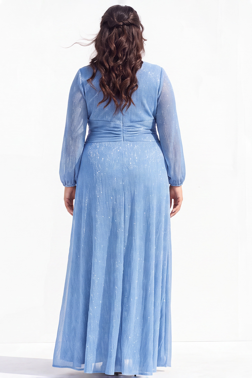 Blue A-Line V-Neck Ruched Long Mother of the Bride Dress with Slit