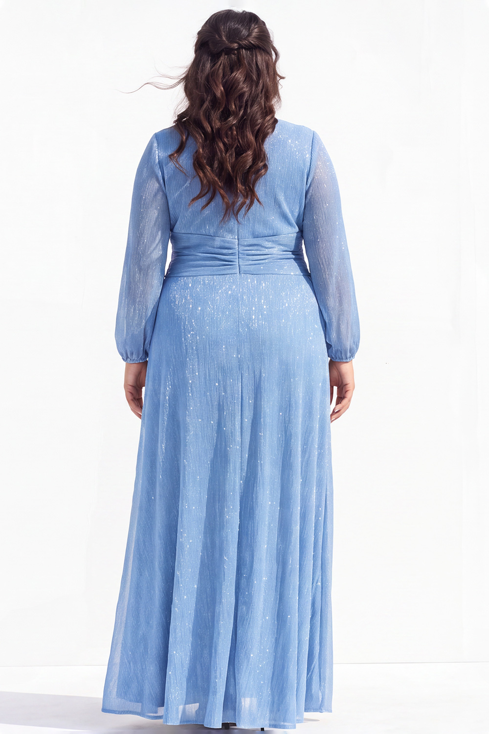 Blue A-Line V-Neck Ruched Long Mother of the Bride Dress with Slit
