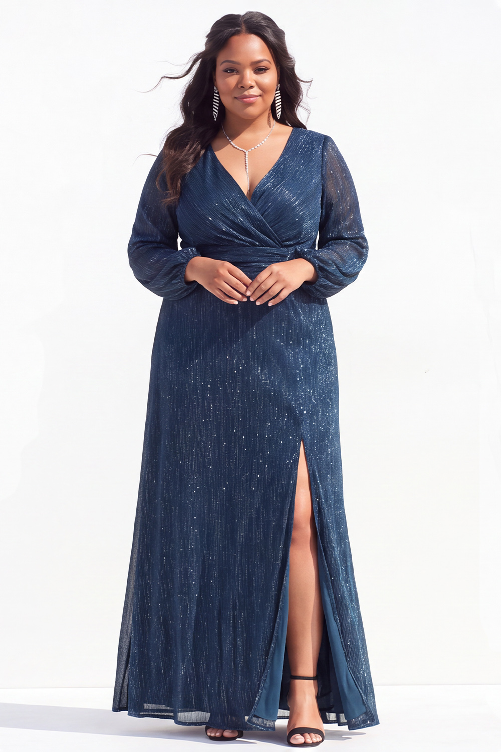 Blue A-Line V-Neck Ruched Long Mother of the Bride Dress with Slit