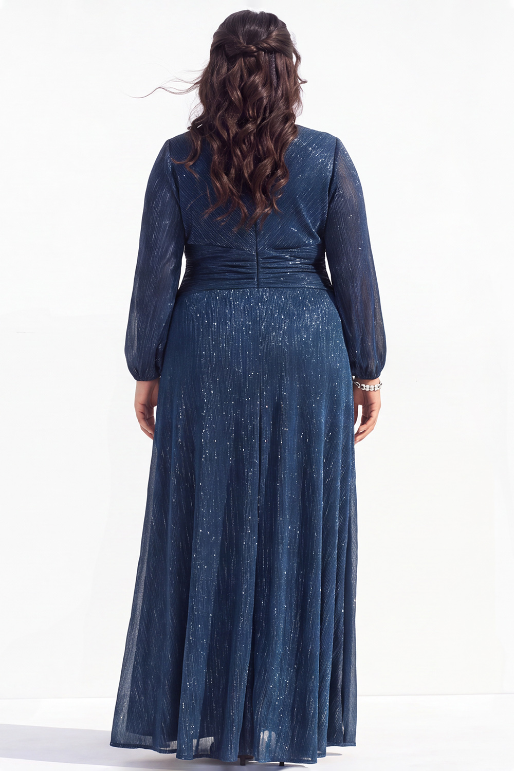 Blue A-Line V-Neck Ruched Long Mother of the Bride Dress with Slit