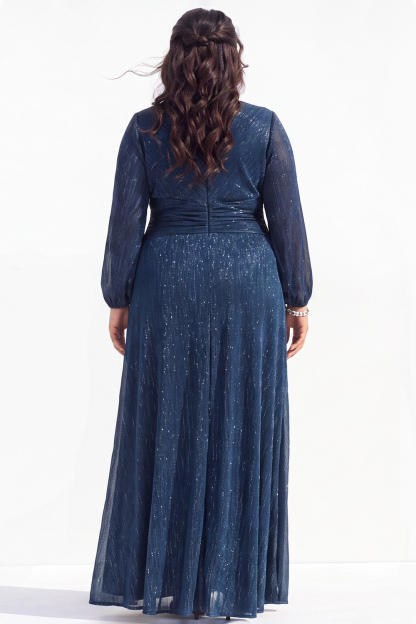 Blue A-Line V-Neck Ruched Long Mother of the Bride Dress with Slit