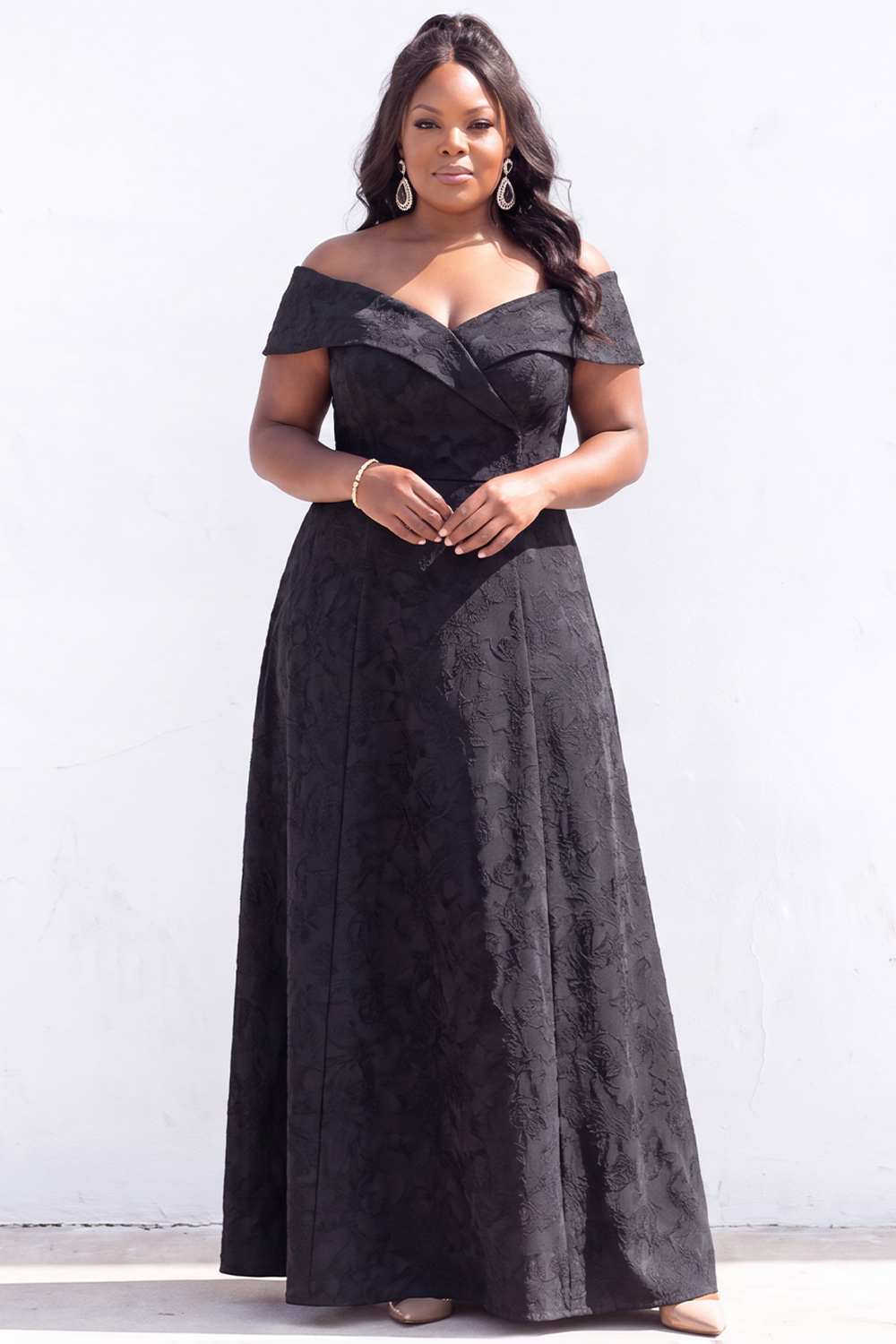Off the Shoulder Black A Line Plus Size Maxi Mother of the Bride Dress