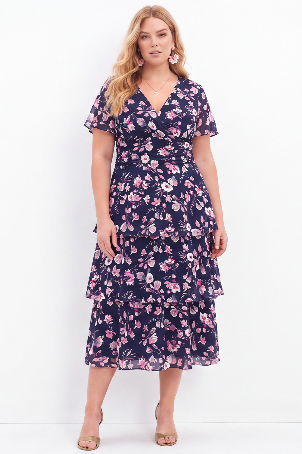 Navy Pink Flower Plus Size V-Neck Tiered Midi Mother of the Bride Dress