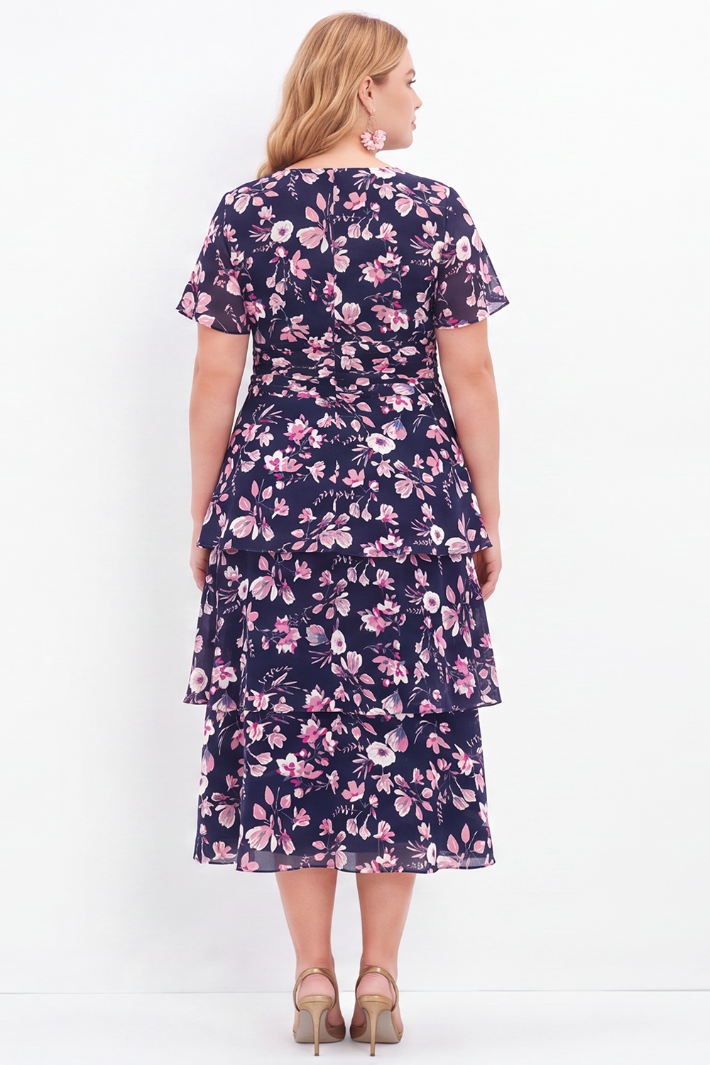 Navy Pink Flower Plus Size V-Neck Tiered Midi Mother of the Bride Dress