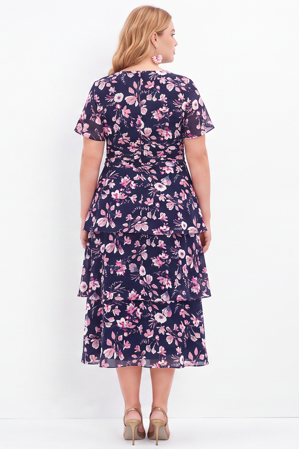 Navy Pink Flower Plus Size V-Neck Tiered Midi Mother of the Bride Dress