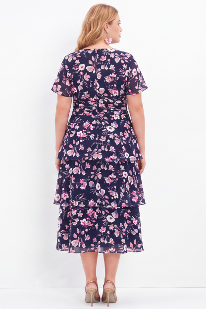 Navy Pink Flower Plus Size V-Neck Tiered Midi Mother of the Bride Dress