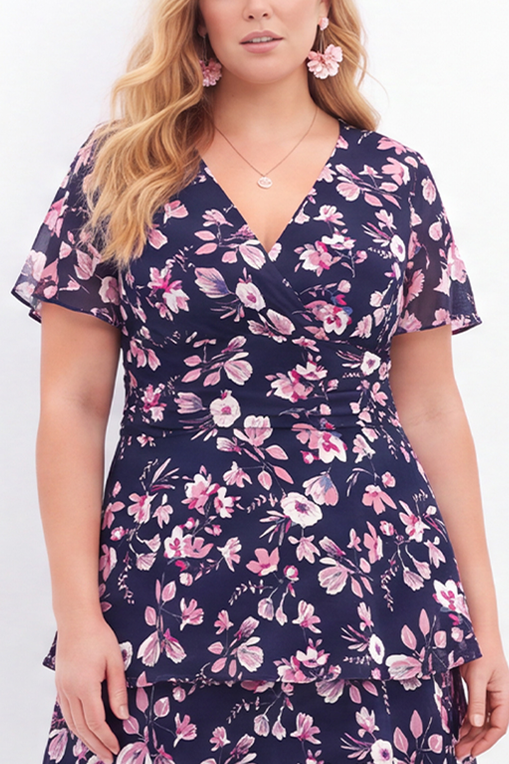 Navy Pink Flower Plus Size V-Neck Tiered Midi Mother of the Bride Dress
