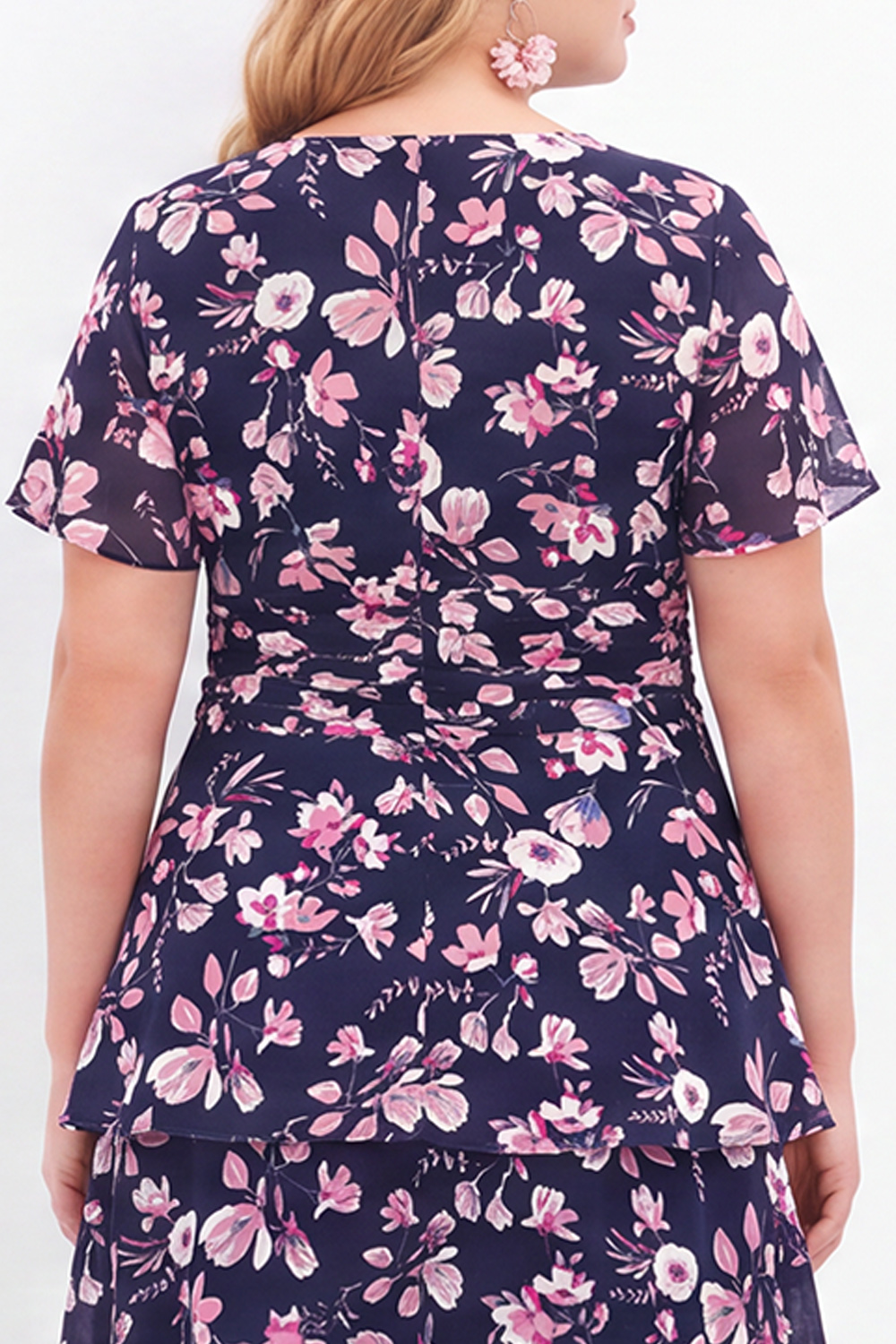 Navy Pink Flower Plus Size V-Neck Tiered Midi Mother of the Bride Dress