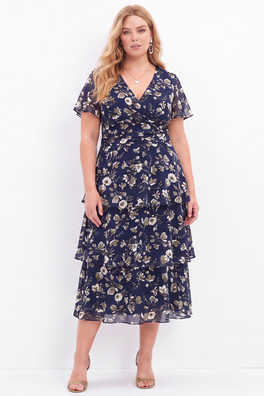 Navy Pink Flower Plus Size V-Neck Tiered Midi Mother of the Bride Dress