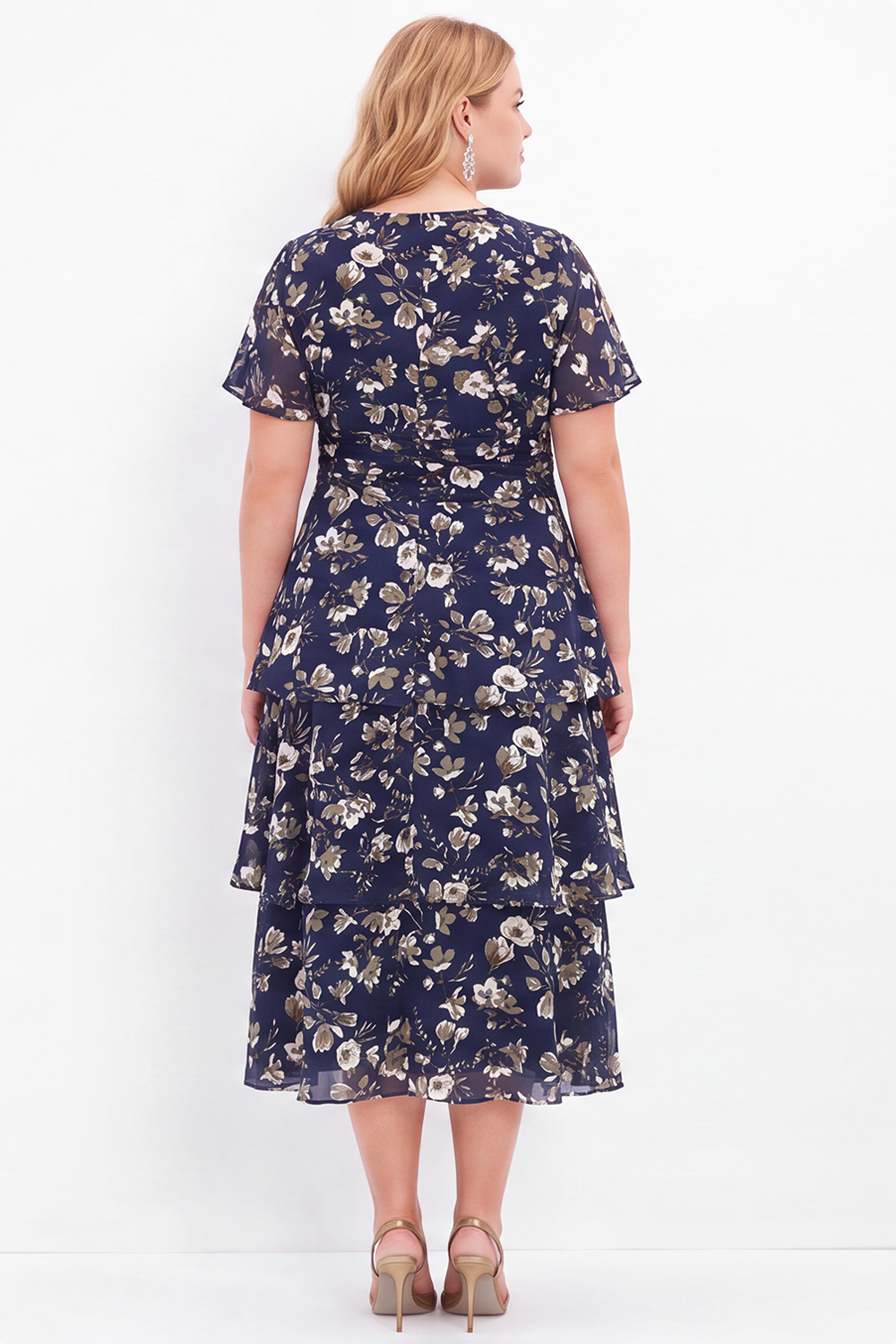 Navy Pink Flower Plus Size V-Neck Tiered Midi Mother of the Bride Dress