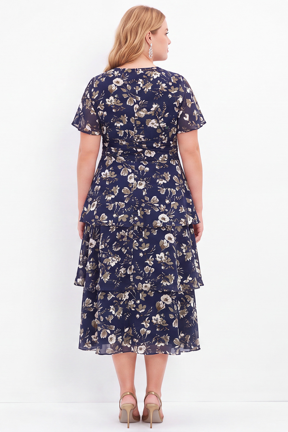 Navy Pink Flower Plus Size V-Neck Tiered Midi Mother of the Bride Dress