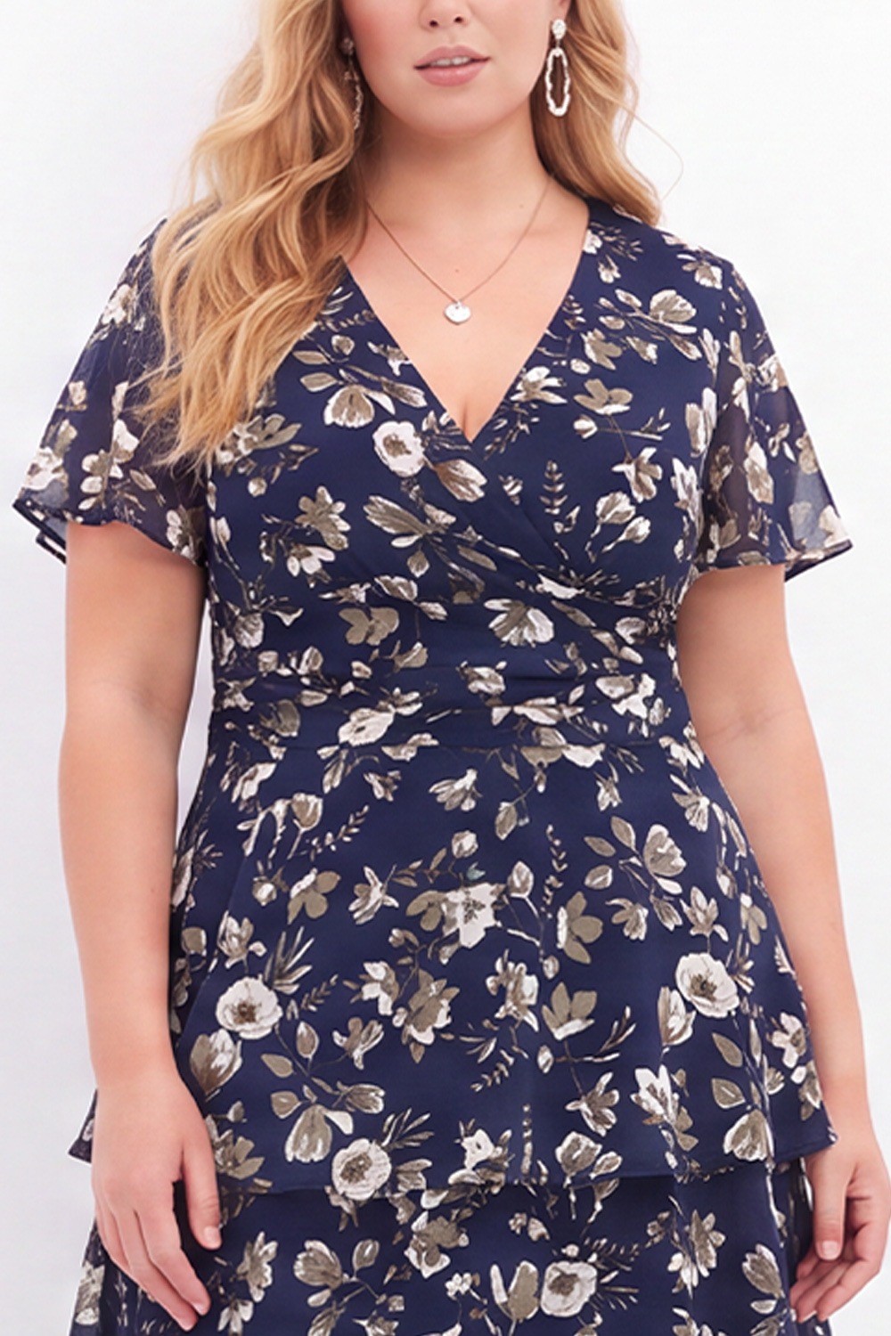 Navy Pink Flower Plus Size V-Neck Tiered Midi Mother of the Bride Dress