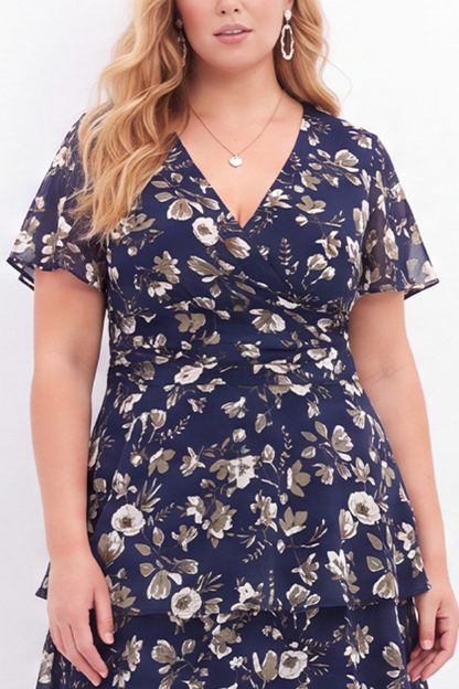Navy Pink Flower Plus Size V-Neck Tiered Midi Mother of the Bride Dress