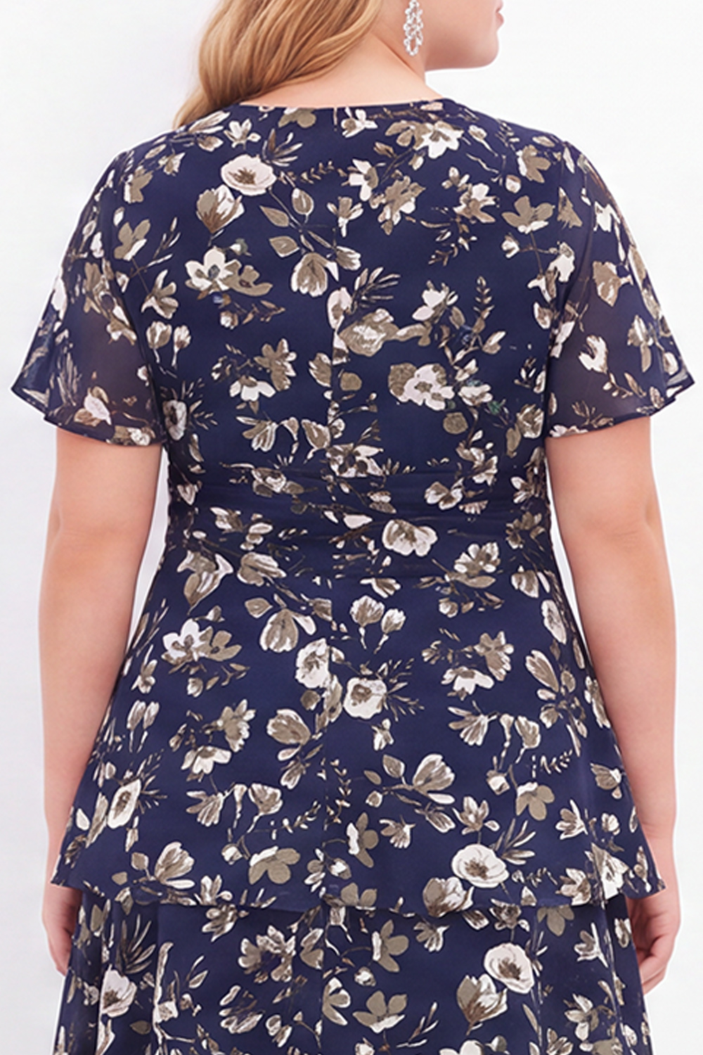 Navy Pink Flower Plus Size V-Neck Tiered Midi Mother of the Bride Dress