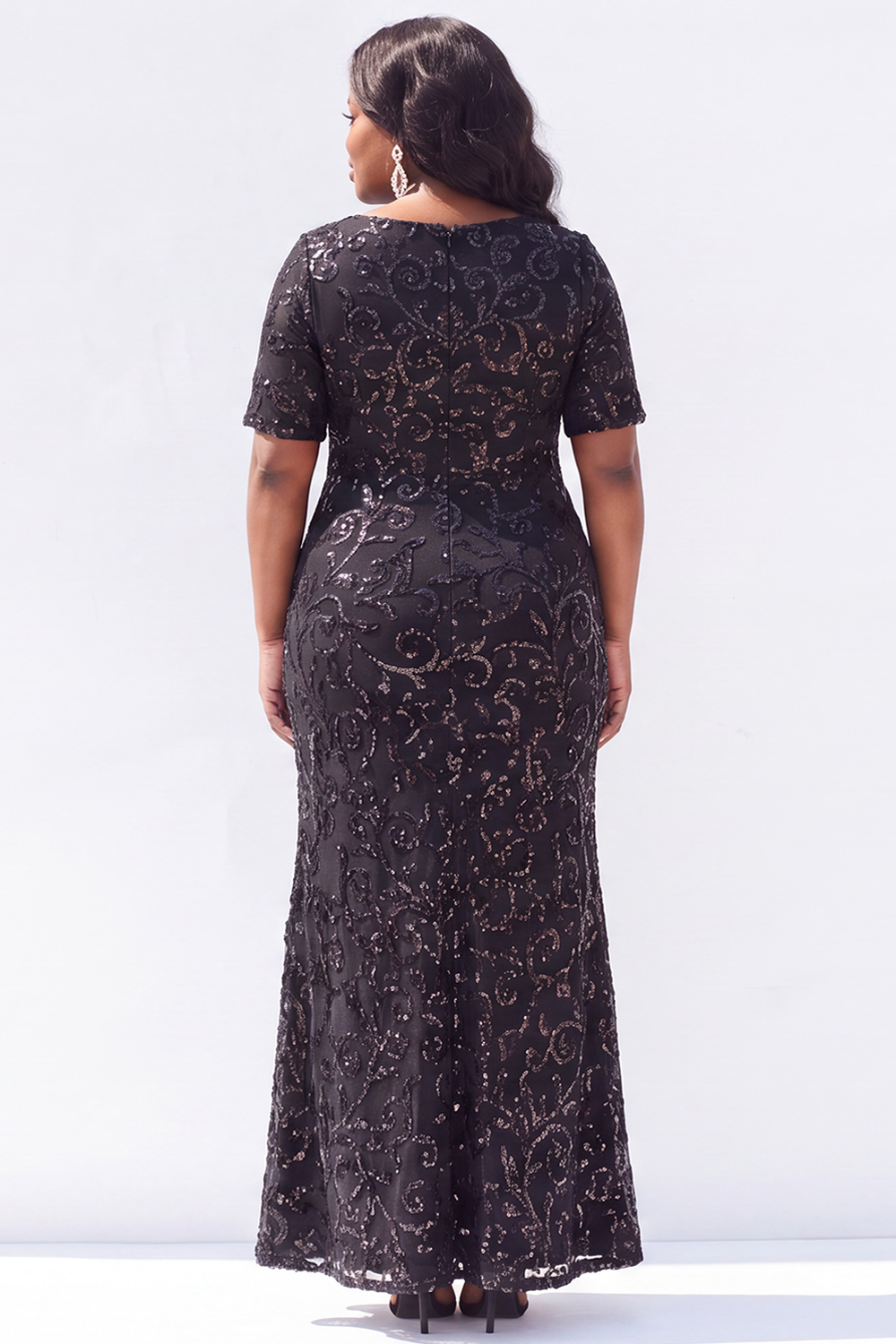 Black Short Sleeves Maxi Mother of the Bride Dress with Sequins