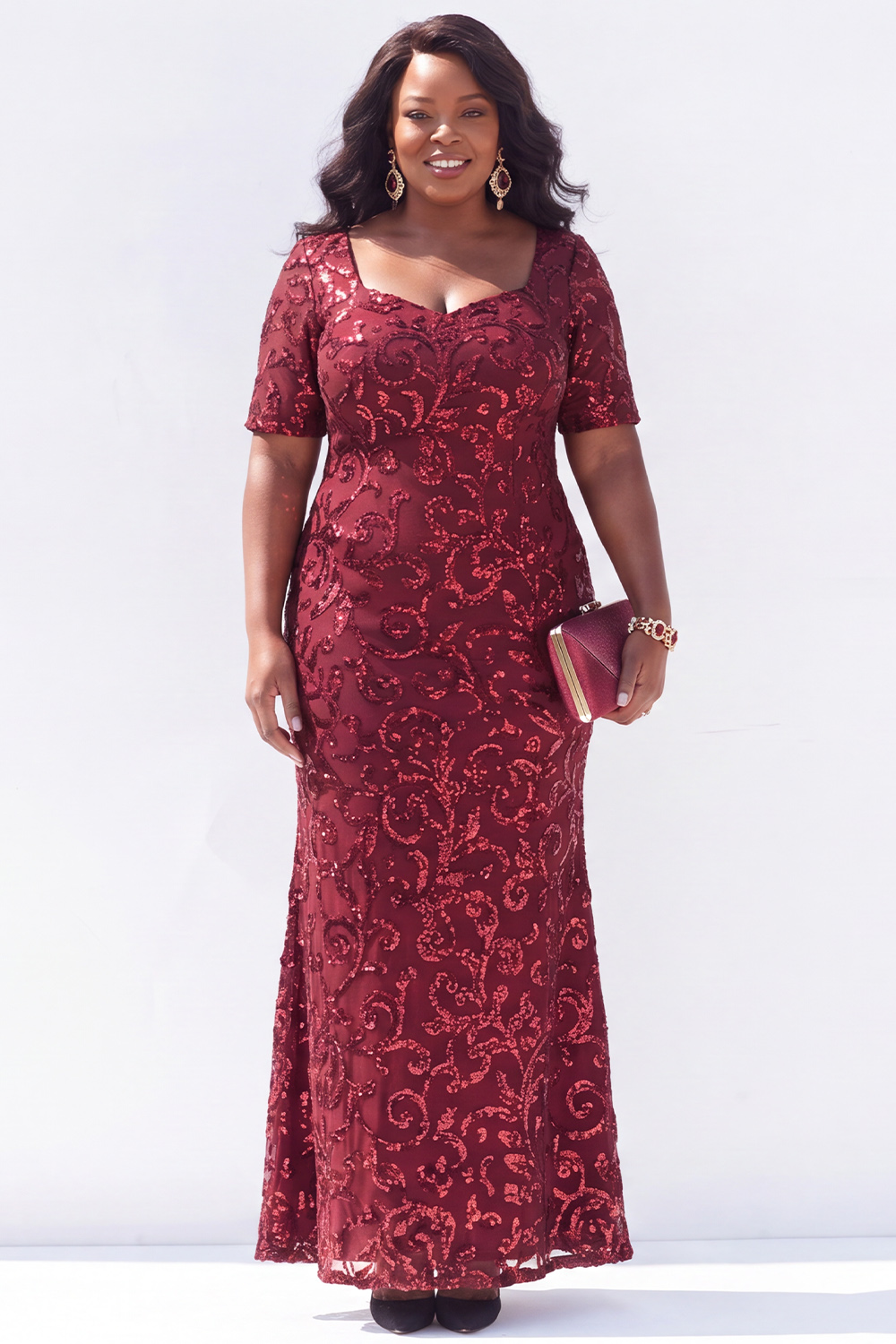 Black Short Sleeves Maxi Mother of the Bride Dress with Sequins