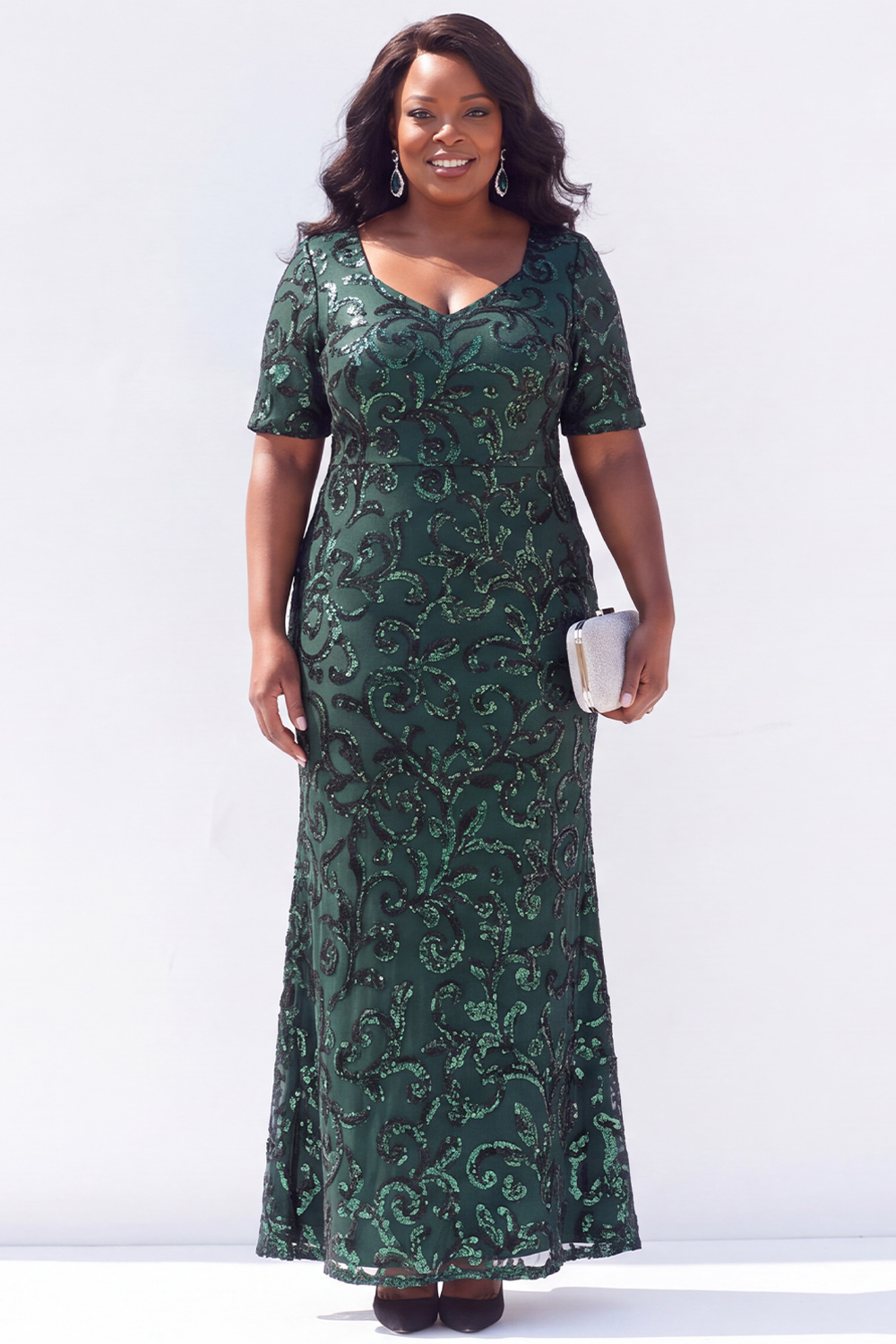 Black Short Sleeves Maxi Mother of the Bride Dress with Sequins