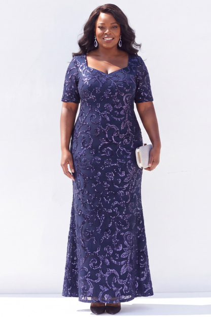 Black Short Sleeves Maxi Mother of the Bride Dress with Sequins