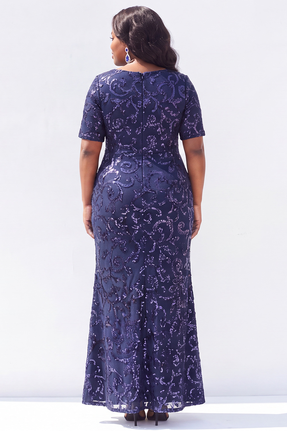 Black Short Sleeves Maxi Mother of the Bride Dress with Sequins