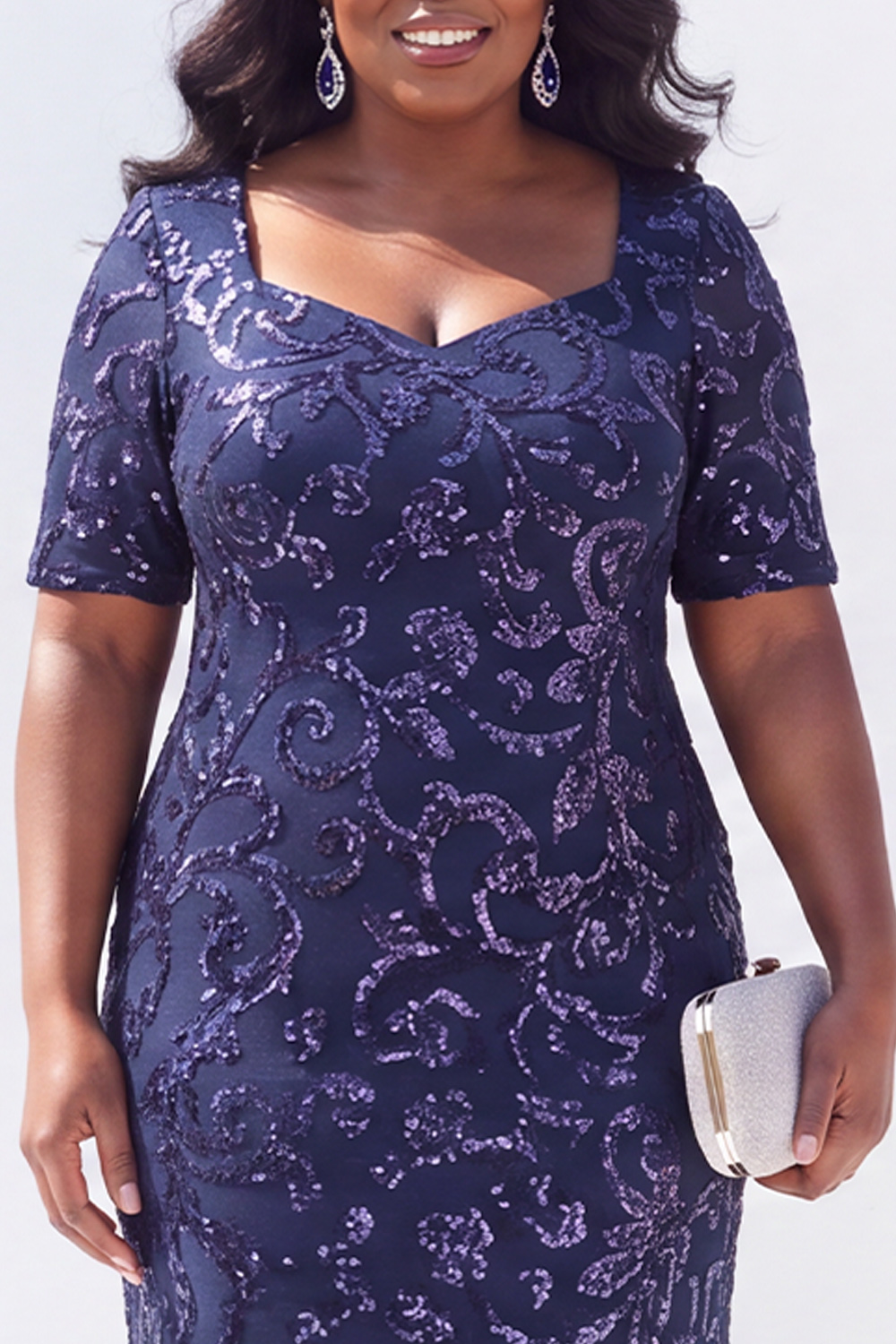 Black Short Sleeves Maxi Mother of the Bride Dress with Sequins