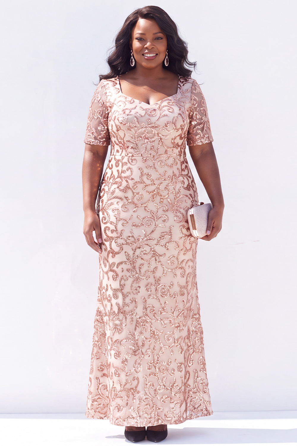 Black Short Sleeves Maxi Mother of the Bride Dress with Sequins