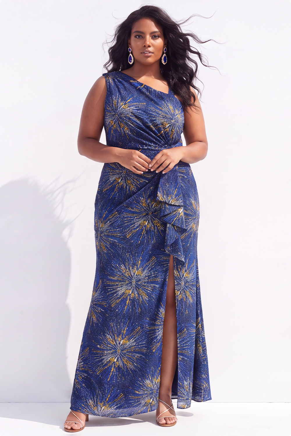 Navy Printed One Shoulder Maxi Plus Size Mother of the Bride Dress with Slit