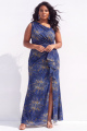 One Shoulder Navy Firework Printed Plus Size Maxi Dress with Slit