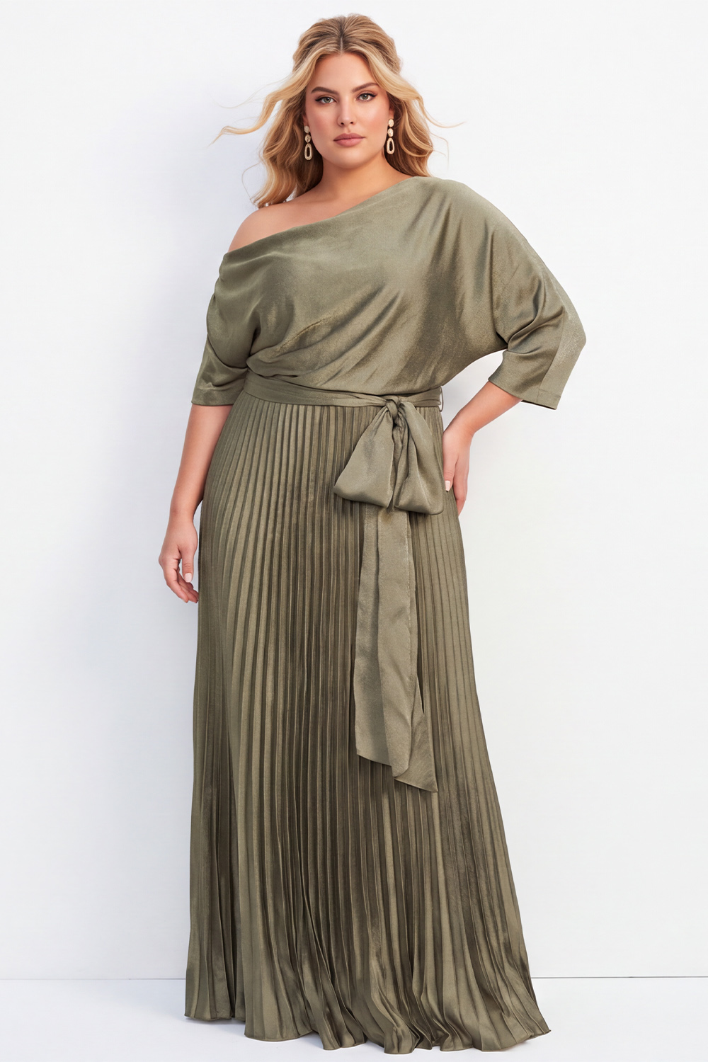 Dressself Women Olive Pleated Plus Size Maxi Dress 3/4 Sleeves Asymmetrical Neck Mother of the Bride Dress