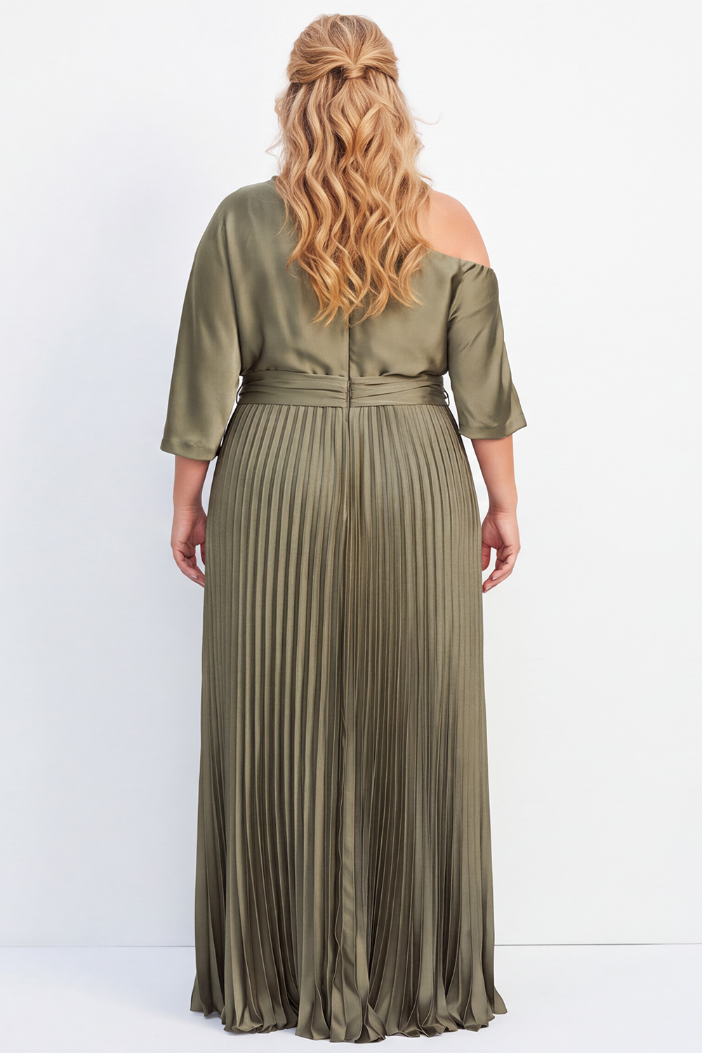 Olive Plus Size One Shoulder Pleated Maxi Mother of the Bride Dress