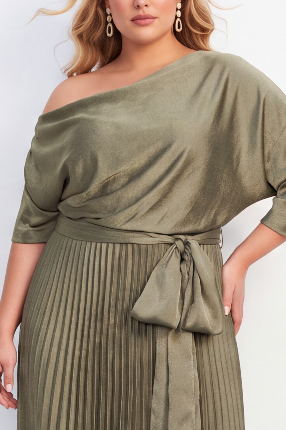 Olive Plus Size One Shoulder Pleated Maxi Mother of the Bride Dress