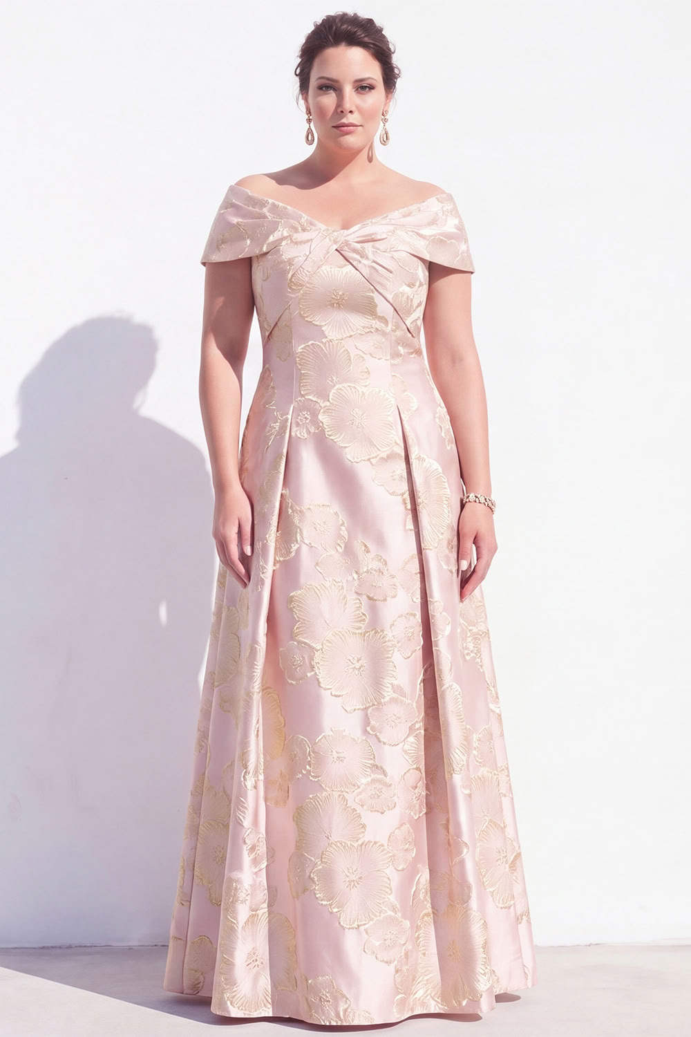 Plus Size Pink A Line Off the Shoulder Jacquard Mother of the Bride Dress