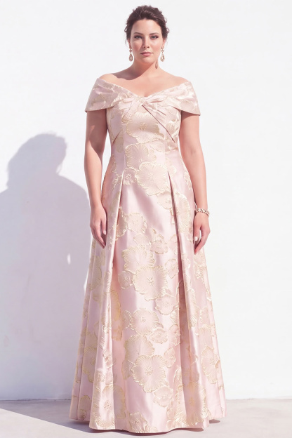 Dressself Women Plus Size Pink Mother of the Bride Dress Jacquard A Line Off the Shoulder Evening Dress