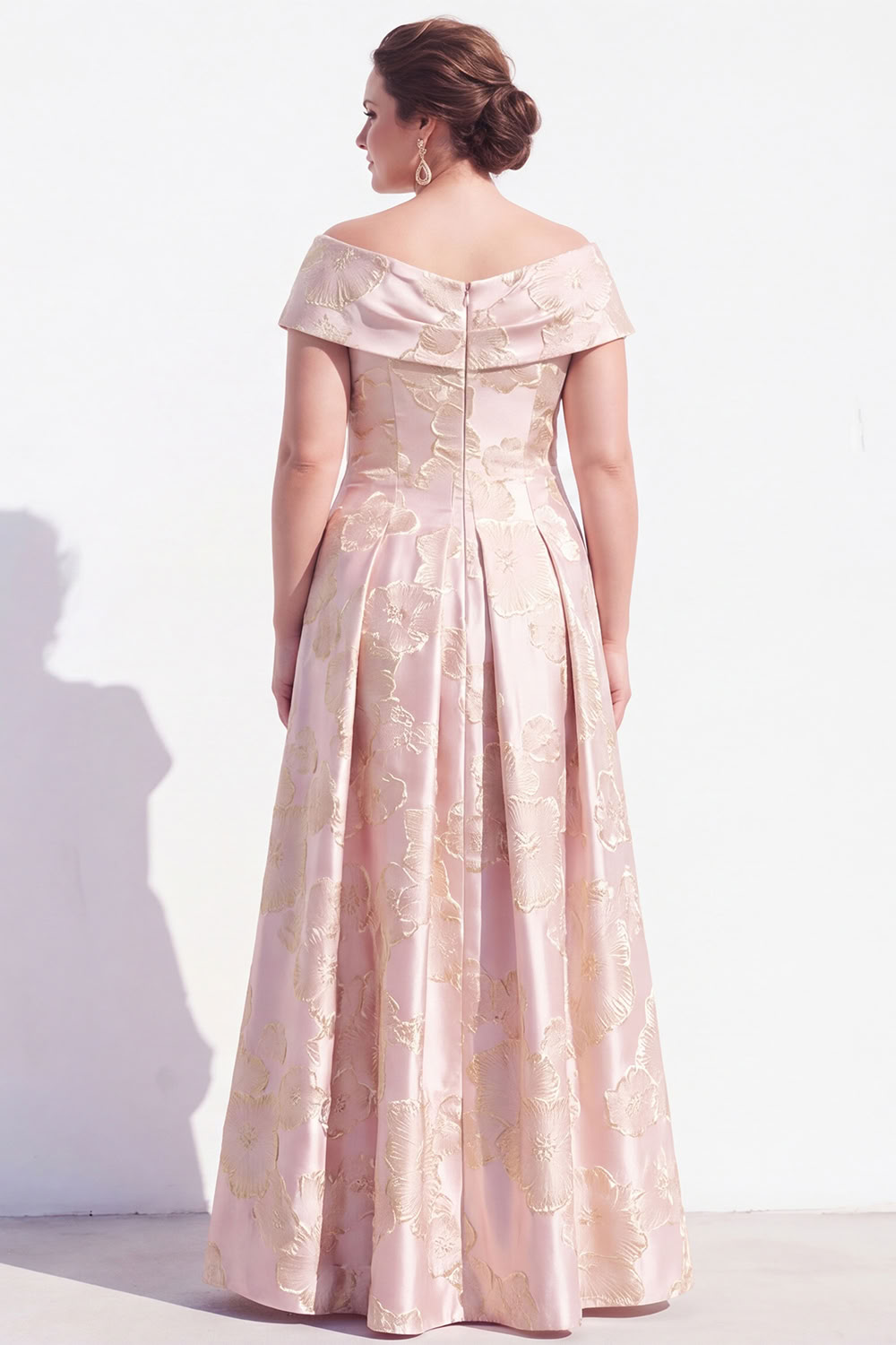 Plus Size Pink A Line Off the Shoulder Jacquard Mother of the Bride Dress