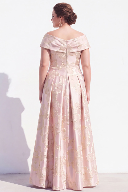 Plus Size Pink A Line Off the Shoulder Jacquard Mother of the Bride Dress