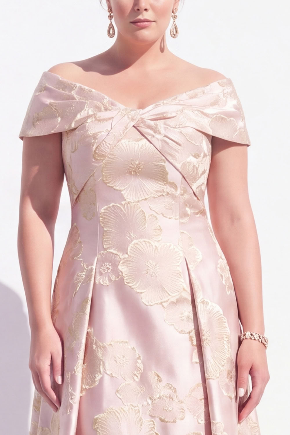 Plus Size Pink A Line Off the Shoulder Jacquard Mother of the Bride Dress