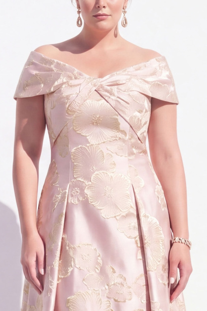 Plus Size Pink A Line Off the Shoulder Jacquard Mother of the Bride Dress