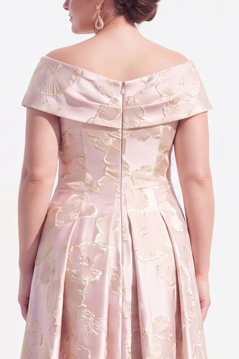 Plus Size Pink A Line Off the Shoulder Jacquard Mother of the Bride Dress