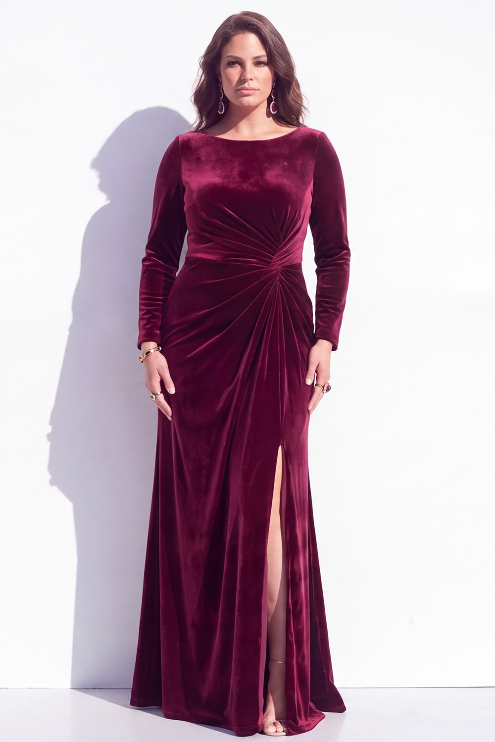 Burgundy Plus Size Velvet Ruched Long Sleeve Mother of the Bride Dress with Slit