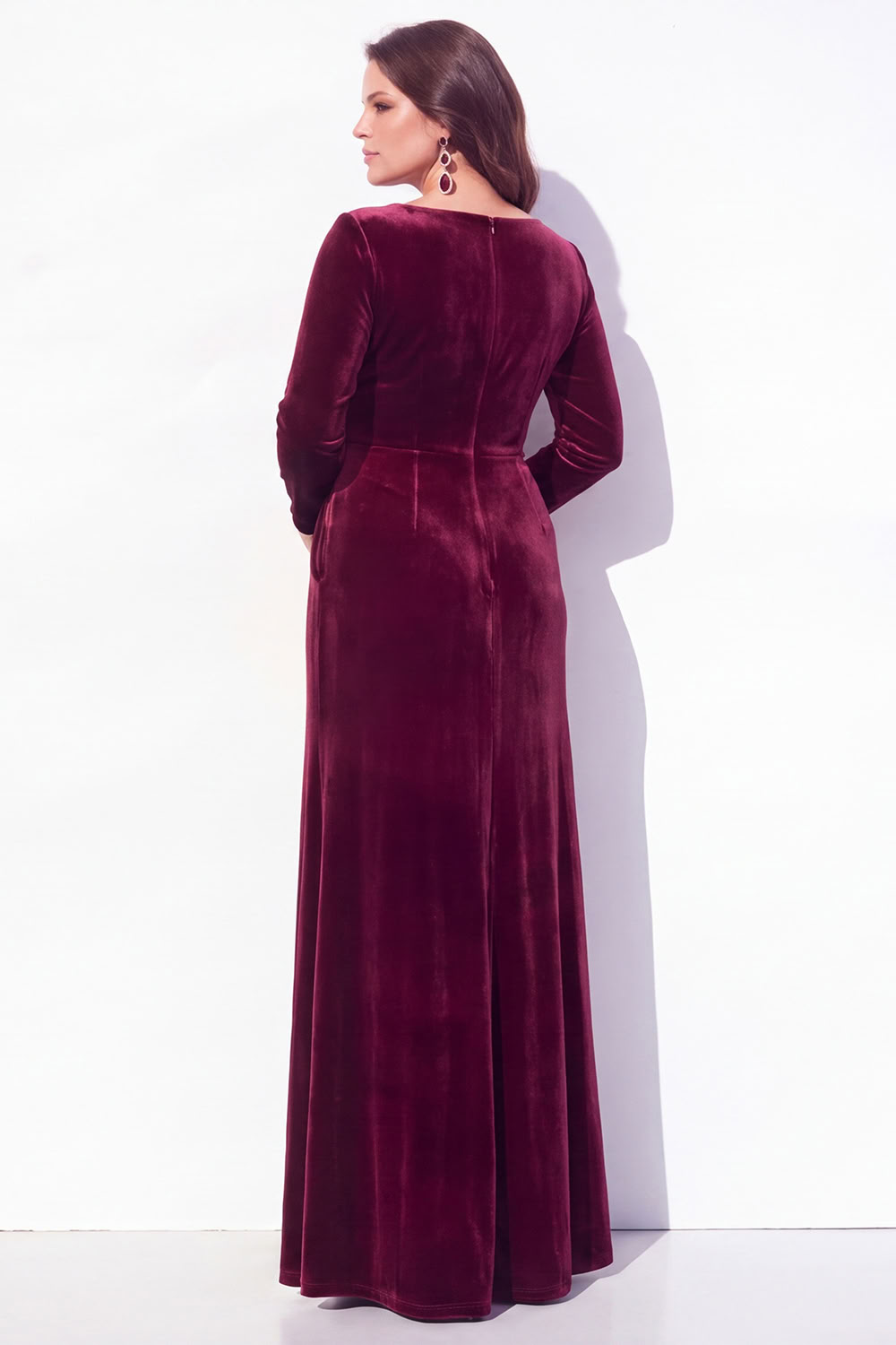 Burgundy Plus Size Velvet Ruched Long Sleeve Mother of the Bride Dress with Slit