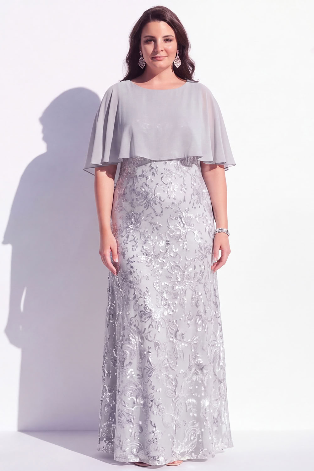 Grey Beaded Sequin 3D Flower Plus Size Mother of the Bride Dress with Cape