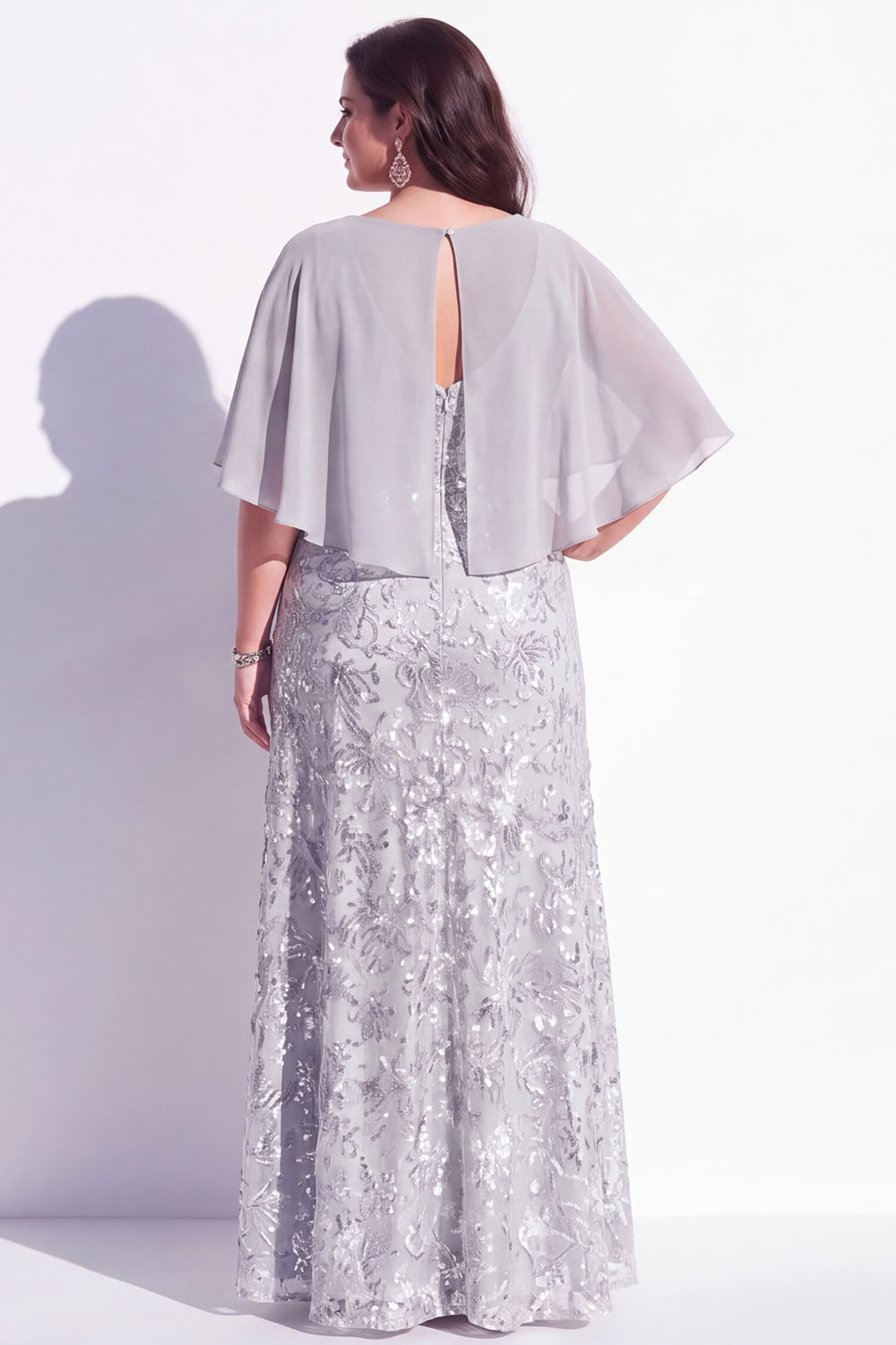 Grey Beaded Sequin 3D Flower Plus Size Mother of the Bride Dress with Cape