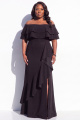 Off the Shoulder Black Ruffled Plus Size Formal Dress with Slit