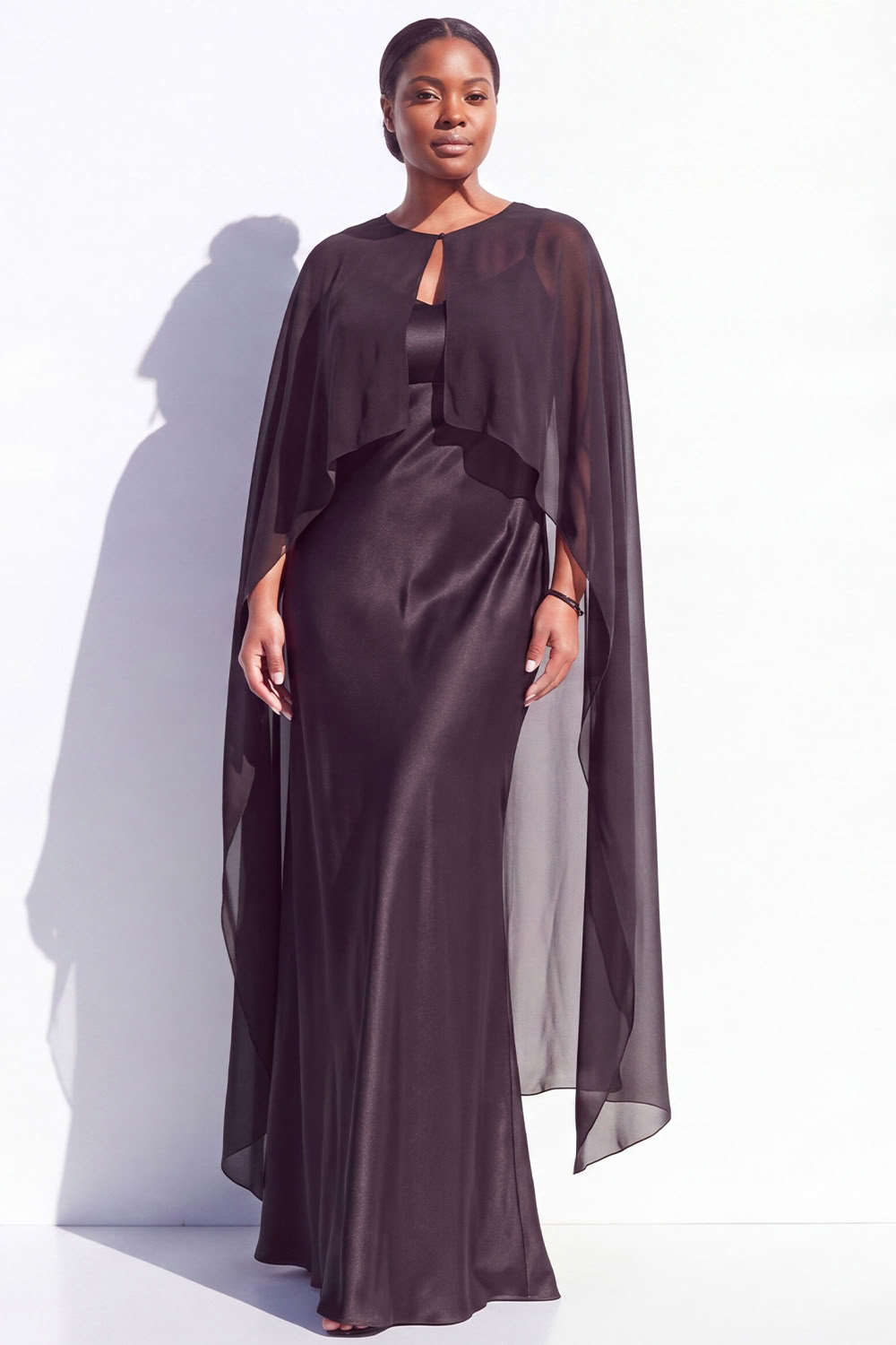 Brown Satin Sheath Plus Size Mother of the Bride Dress with Cape
